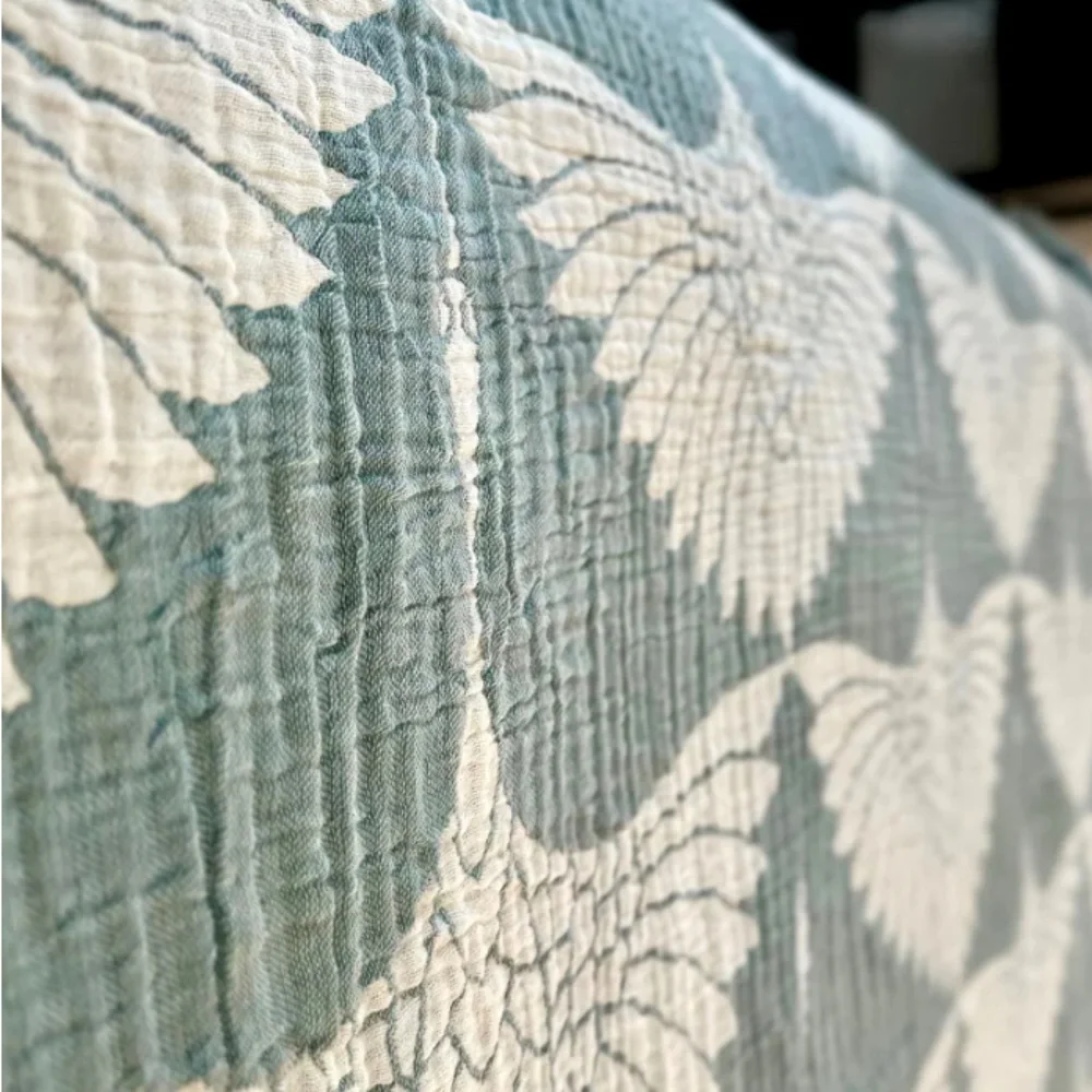 KING Luxury Bedspread Organic Muslin Quilted Crinkle  2 Side FLiPSiDE Teal Crane - Picture 13 of 15